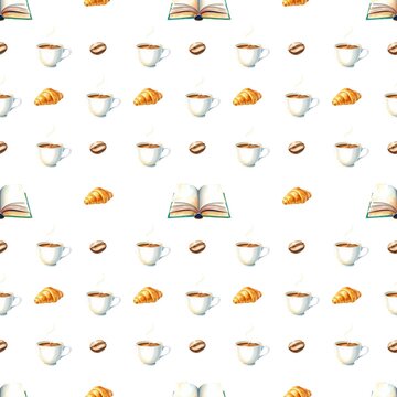 Seamless pattern with watercolor books, coffee cups and croissants
