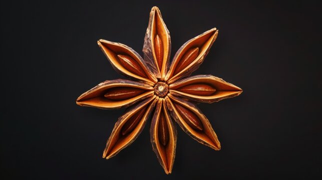 A single dried star anise spice isolated on a black background