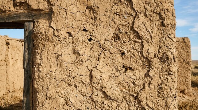 Close up of ancient adobe wall texture with weathered details.