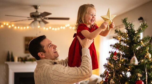 Placing Gold Star Topper on Christmas Tree Peak
