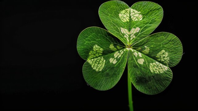 Four leaf clover with patterned white markings against a black