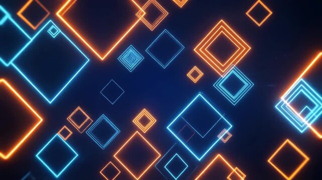 Geometric squares drift across a dark blue canvas in a cascade of glowing orange and cyan neon frames that create a sense of depth and layered digital motion for a modern interface presentation.