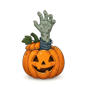 Funny cartoon zombie hand emerging from Halloween pumpkin