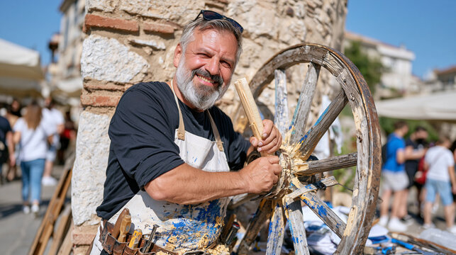 Elderly wheelwright in a busy urban courtyard fitting a wooden spoke into a wagon wheel rim propped against a brick wall, pedestrians blurring past behind him, sawdust on his apron, tools hanging fr