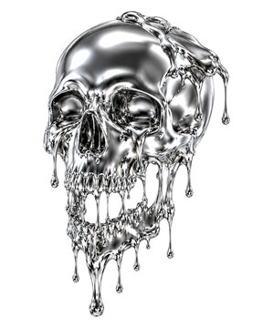 Melting human skull made of silver liquid chrome isolated on transparent background, dripping metallic 3D anatomy