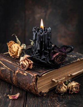 Dark Still Life of a Burning Black Candle and Dried Roses on an Old Book