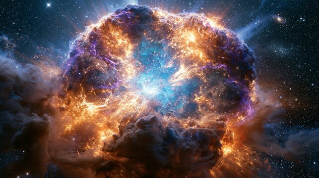 Dramatic cosmic energy eruption surrounded by glowing gas clouds and starlight, creating a powerful deep space phenomenon