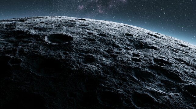 Detailed cratered planetary surface illuminated against the darkness of deep space with a star filled sky