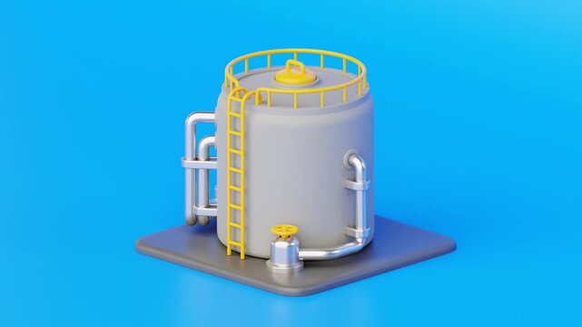 Industrial storage tank with pipes and ladder opens top hatch in a smooth isometric 4K 3D looping animation on blue background, symbolizing energy storage, oil and gas, and chemical processing.