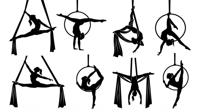 Aerial Silk and Lyra Hoop Acrobats Vector Silhouettes Set Isolated on White Background