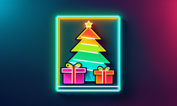 framed neon sign of a green christmas tree and two gift boxes