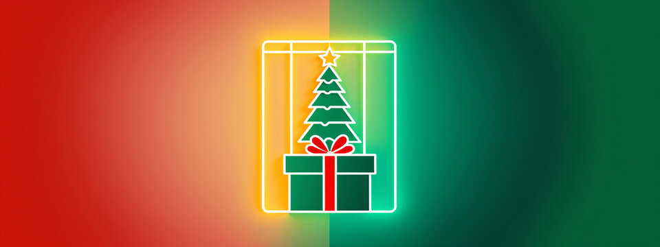 flat style green gift box with a red ribbon and a pine tree under a star inside a glowing frame on split colors