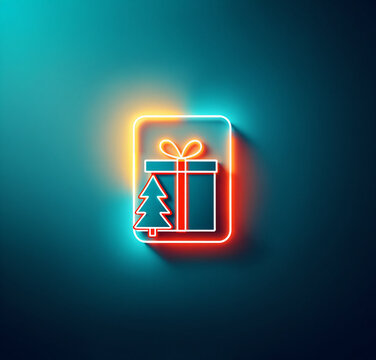 red and orange neon outline of a gift box and christmas tree