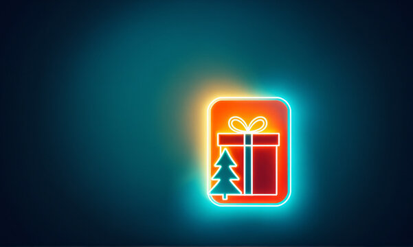 glowing neon outline of a present and small christmas tree on dark blue