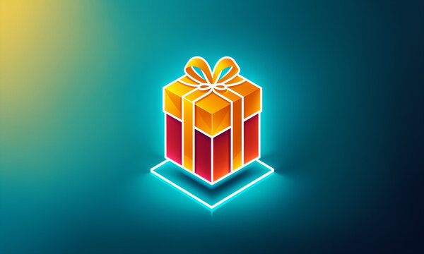 vibrant red gift box with a yellow ribbon and bow directly above a glowing platform and square neon outline in a dark teal space