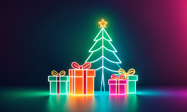 multiple gift boxes and neon christmas tree with star on glossy floor
