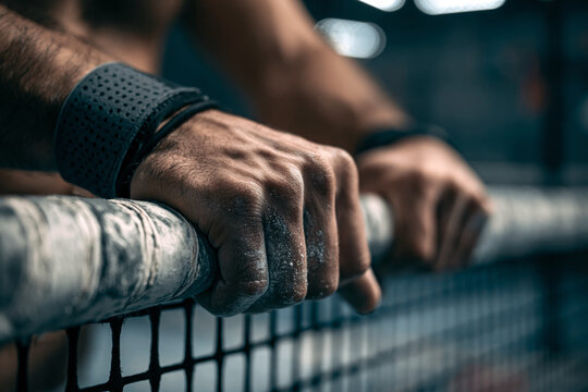 Close-up of hands gripping padel racket with wristband and sports chalk detail, shallow focus background, intense athletic preparation concept