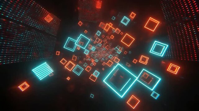 Neon squares illuminate a dark digital tunnel creating a high-speed motion effect that represents the future of global telecommunications and advanced computing architecture in virtual cyberspace.