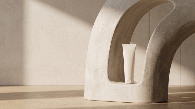 Minimalist white cosmetic tube displayed within a sculptural architectural setting, illuminated by soft natural light in a warm neutral environment.