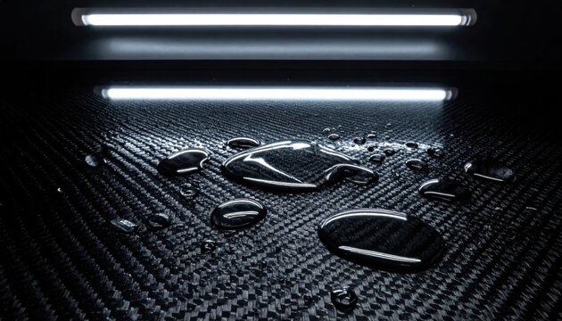 Water drops on dark textured surface.