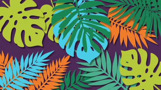 Vibrant paper craft tropical leaves dance in a rhythmic animation loop featuring colorful palm foliage against a solid purple background
