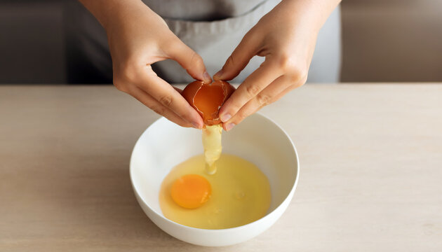 Hands cracking a fresh egg into a bowl, simple home cooking and baking preparation with natural ingredients and copy space