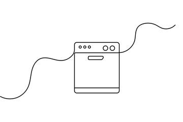 Obraz premium Dishwasher continuous line art depicting a modern kitchen appliance in single line drawing style with an editable stroke vector.