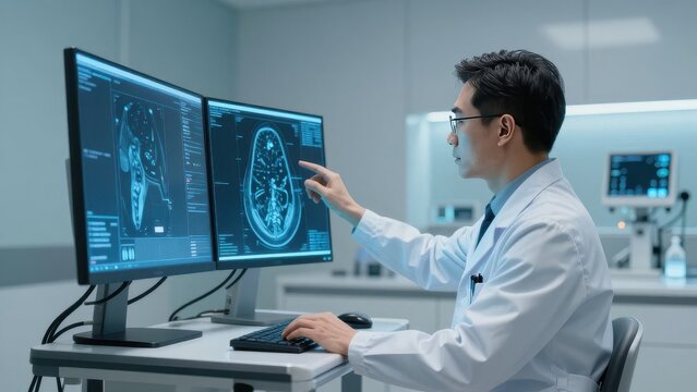 Professional Male Doctor or Medical Researcher Analyzing Detailed Human Brain MRI Scan on Dual Computer Monitors in a Modern High-Tech Laboratory with Blue Clinical Lighting