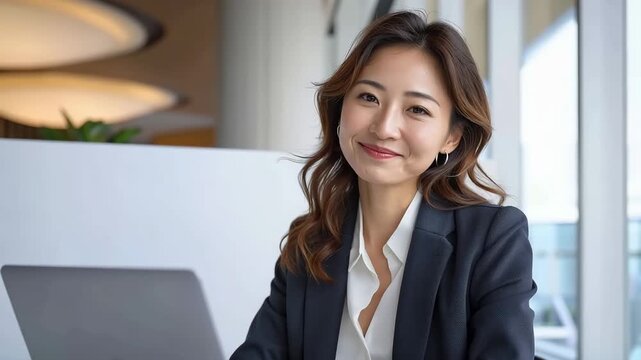 Smiling businesswoman with laptop in bright modern office