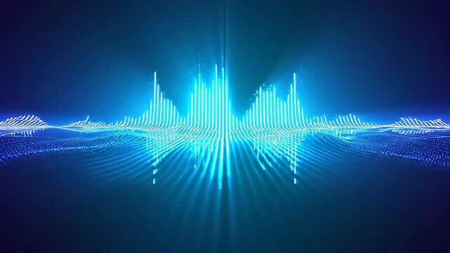 Frequency response display presents a steady stream of radiant blue vertical bars floating across a tranquil horizon to demonstrate technical precision in high fidelity audio equipment calibration.