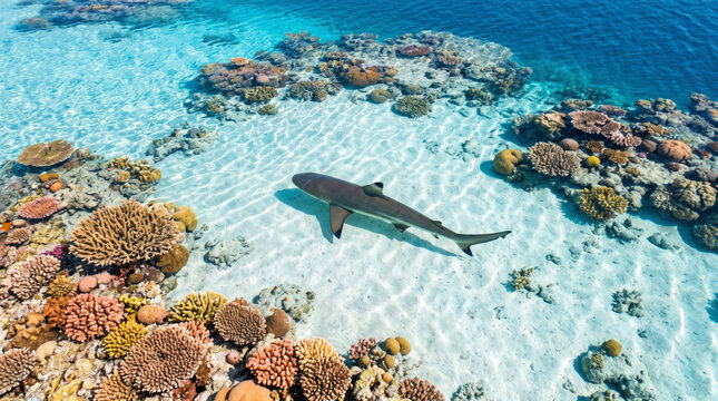 Reef shark gliding over vibrant coral reef in clear tropical ocean waters