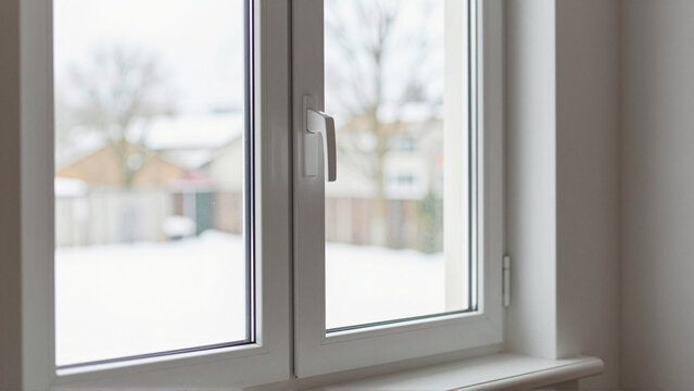 Energy efficient double glazed window overlooking a snowy residential yard in winter