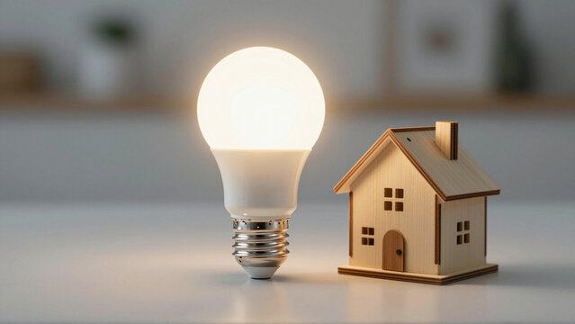 Glowing LED bulb beside wooden house model symbolizing smart home energy efficiency