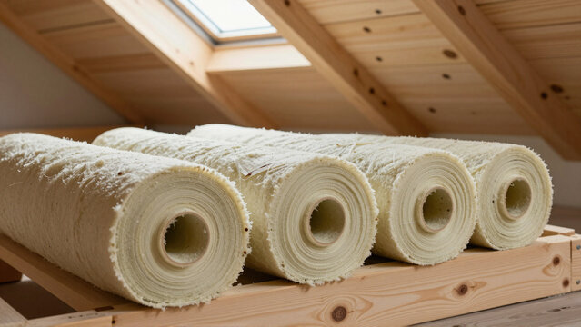 Natural fiber insulation rolls prepared for energy efficient smart home attic renovation