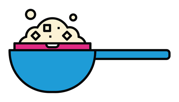 Brightly colored vector illustration of a kitchen measuring cup filled with baking ingredients and small square details.