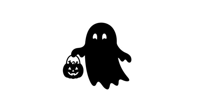 Halloween Cute cartoon ghost holding pumpkin lantern icon; black silhouette symbol for Halloween party design; spooky character sprite illustration isolated on white background Vector