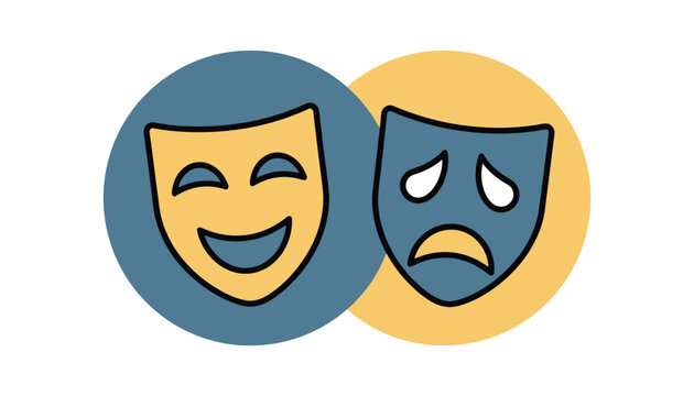 Theater comedy and tragedy drama masks in yellow and blue circular graphics representing performing arts.