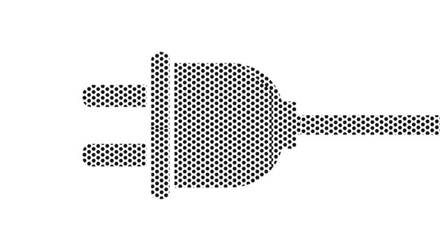 Electrical power plug icon designed with a detailed black halftone dot pattern on a clean white background.
