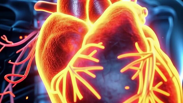 Glowing anatomical human hearts in transparent blue torsos displayed as a medical triptych