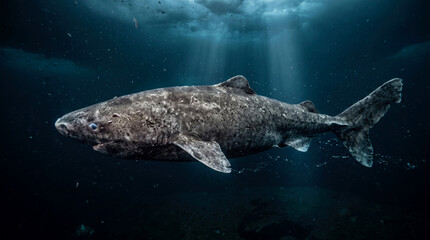 Naklejka premium Majestic great white shark swimming gracefully in the deep blue ocean waters