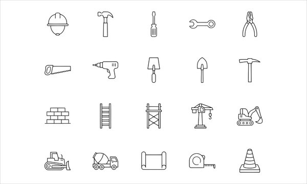 Set outline icons related to construction. First set. Linear icon collection. Editable stroke. Vector illustration