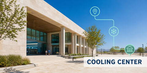 Fototapeta premium Modern public building exterior with columns and glass entrance. Concept of cooling center, architecture, and urban community. Clear blue sky and bright daylight create a warm atmosphere.