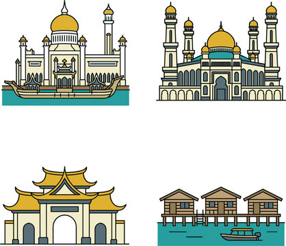 Brunei Landmark Vector Icon Set Featuring Sultan Omar Ali Saifuddien Mosque, Jame' 'Asr Hassanil Bolkiah, Teng Yun Temple, and Kampong Ayer Water Village