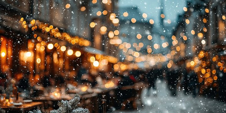 Bokeh street lights and snow falling at night