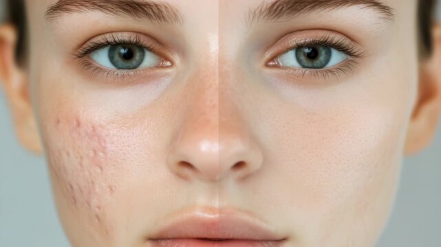 Split-screen comparison of acne-prone skin and smooth skin