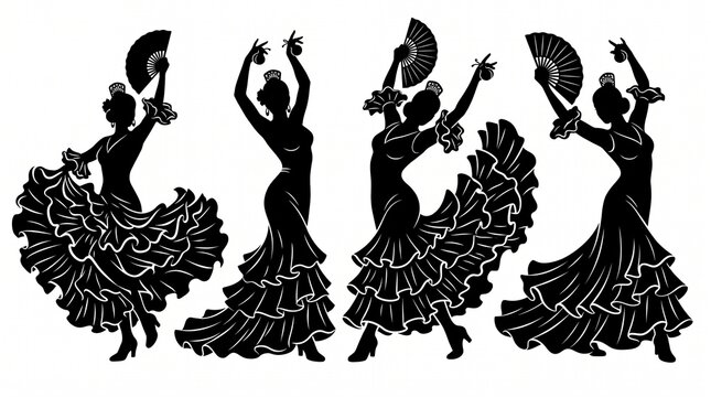 Spanish Flamenco Dancers with Fan and Castanets Vector Silhouettes Set Isolated on White Background