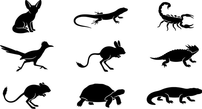 Desert animal icon set in a flat black silhouette style including fennec fox, scorpion, lizard, roadrunner, jerboa, horned toad, tortoise and gecko.