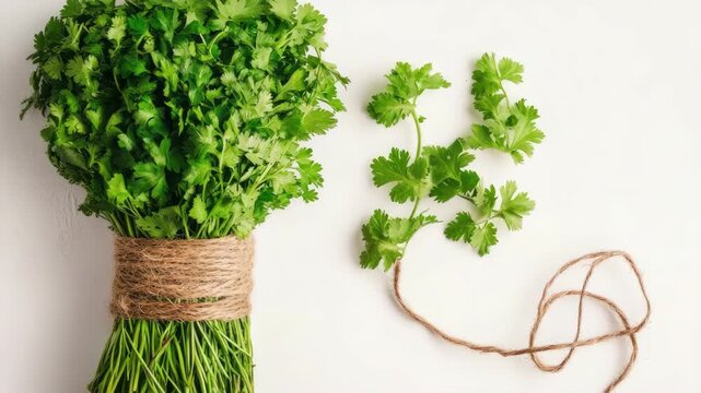 Bundle of Fresh Parsley Tied with Twine on White Background