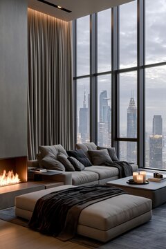 Luxury living room with a panoramic city skyline view, modern fireplace, floor to ceiling curtains and a sophisticated neutral contemporary interior