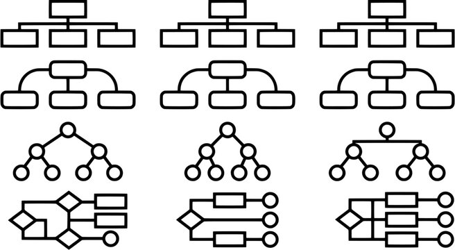 Hierarchy and flowchart icon set in a flat outline style including organizational charts, decision trees, network diagrams, and process mapping symbols.